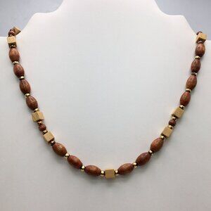 Vintage Oval Cube Wooden Bead Necklace With Gold-Tone Spacer Beads Spring Ring